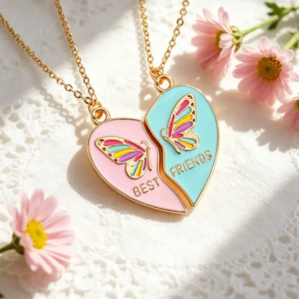 Heart Butterfly Necklace for 2 Best Friends Gift