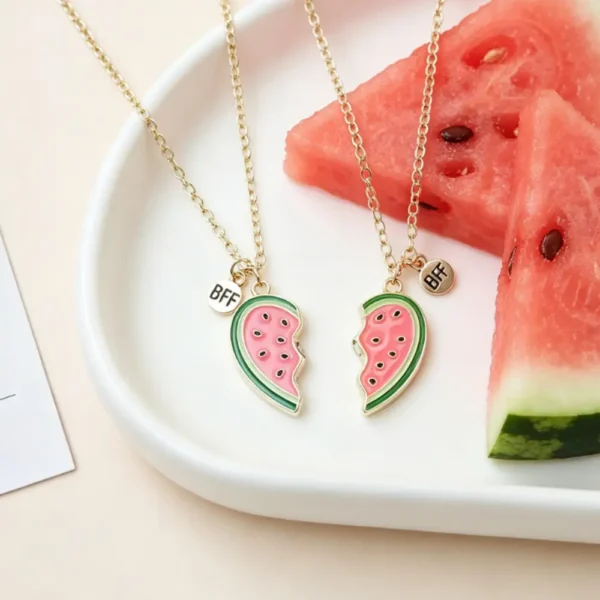 Watermelon Necklace-2Pcs Enamel Split Heart Necklace