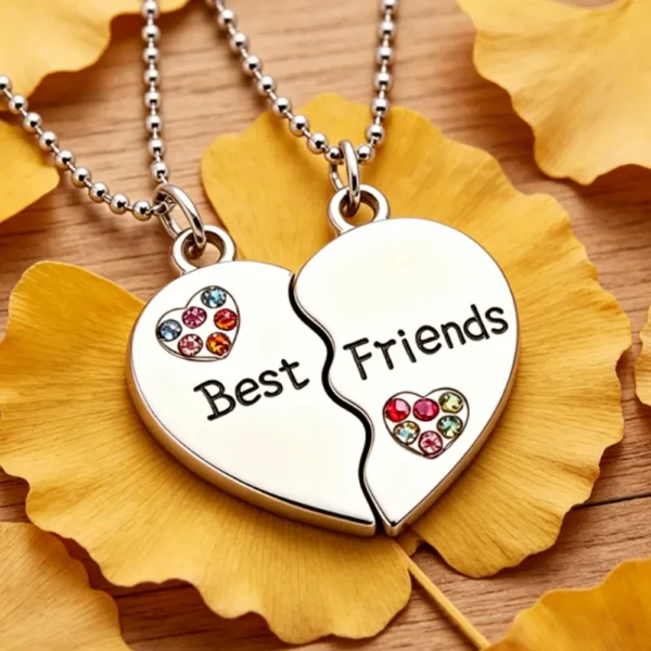 Best Friend Necklace BFF Split Heart Rhinestone Pendant 2PCS