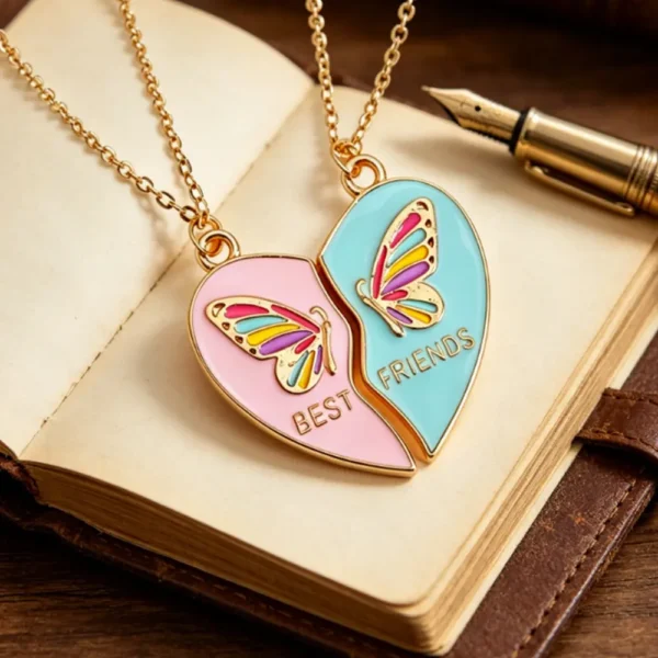 Heart Butterfly Necklace for 2 Best Friends Gift