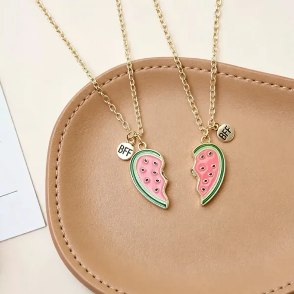 Watermelon Necklace-2Pcs Enamel Split Heart Necklace