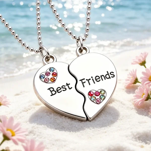 Best Friend Necklace BFF Split Heart Rhinestone Pendant 2PCS