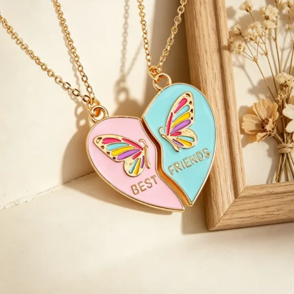 Heart Butterfly Necklace for 2 Best Friends Gift