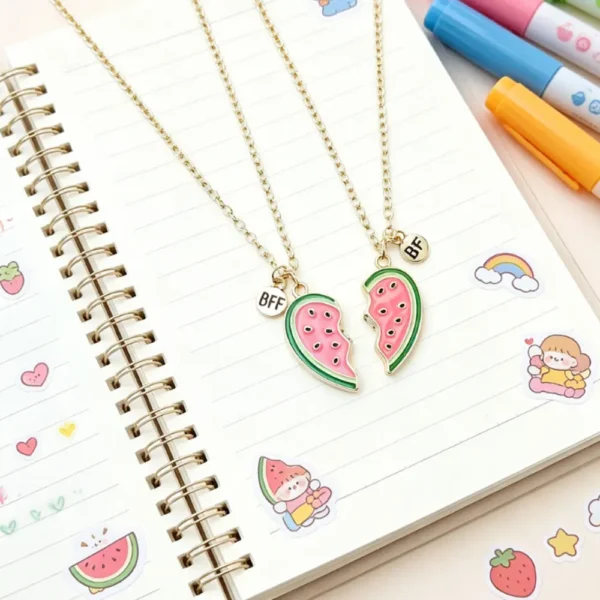 Watermelon Necklace-2Pcs Enamel Split Heart Necklace