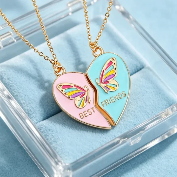 Heart Butterfly Necklace for 2 Best Friends Gift
