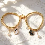 2Pcs BFF Cat Bracelet Set Gold Beaded Friendship Jewelry