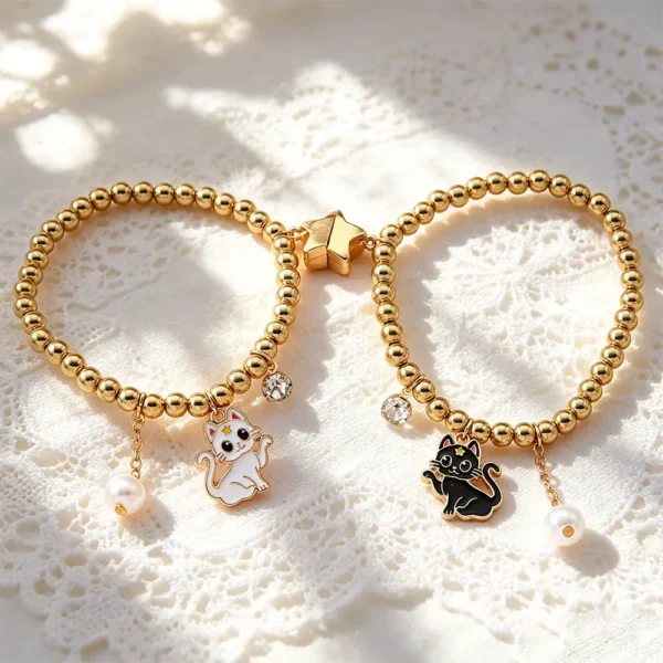 2Pcs BFF Cat Bracelet Set Gold Beaded Friendship Jewelry
