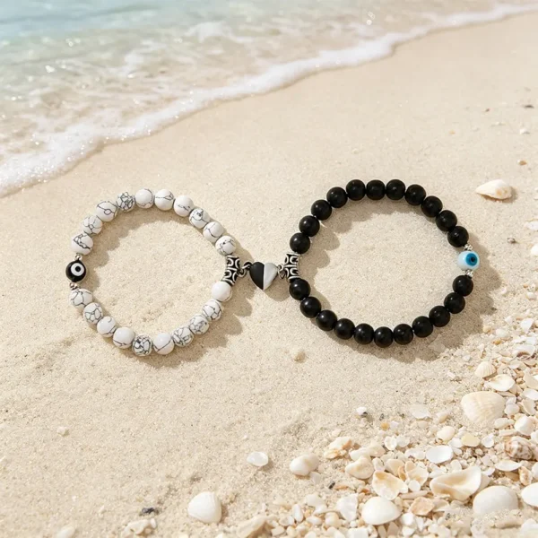 Magnetic Heart Bracelets Evil Eye Matching Beaded Set