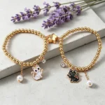 2Pcs BFF Cat Bracelet Set Gold Beaded Friendship Jewelry