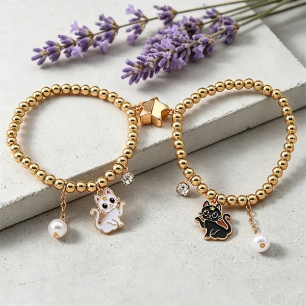 2Pcs BFF Cat Bracelet Set Gold Beaded Friendship Jewelry