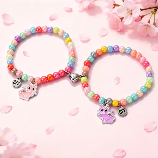 Rainbow Beaded Cat Bracelet for 2 Best Friend