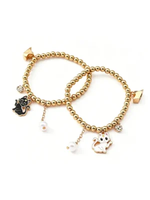 2Pcs BFF Cat Bracelet Set Gold Beaded Friendship Jewelry