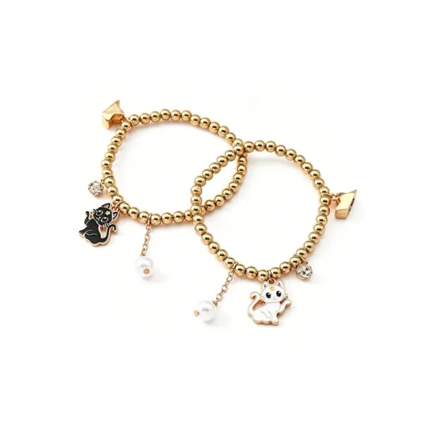 2Pcs BFF Cat Bracelet Set Gold Beaded Friendship Jewelry
