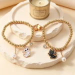 2Pcs BFF Cat Bracelet Set Gold Beaded Friendship Jewelry