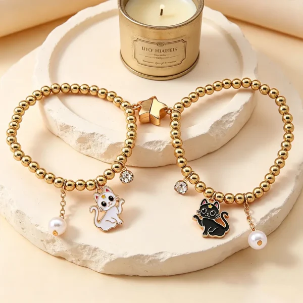 2Pcs BFF Cat Bracelet Set Gold Beaded Friendship Jewelry