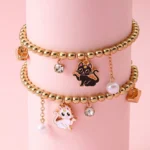 2Pcs BFF Cat Bracelet Set Gold Beaded Friendship Jewelry