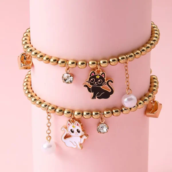 2Pcs BFF Cat Bracelet Set Gold Beaded Friendship Jewelry