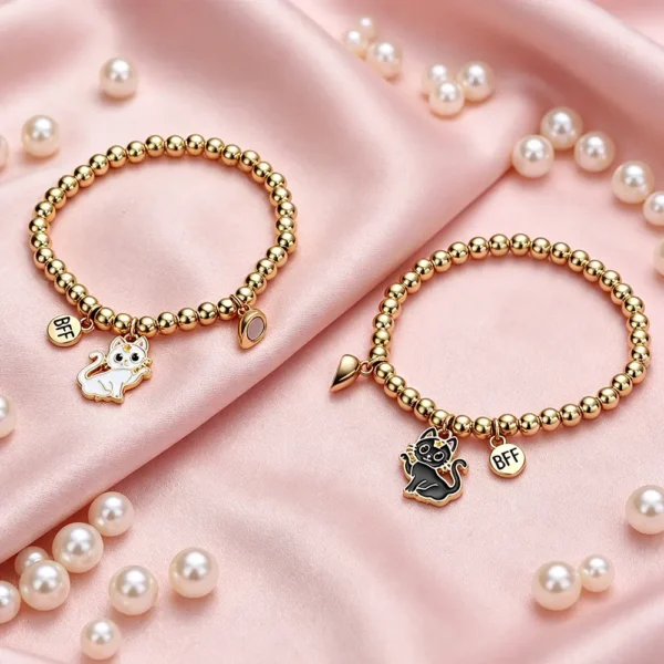 2Pcs BFF Cat Bracelet Set Gold Beaded Friendship Jewelry