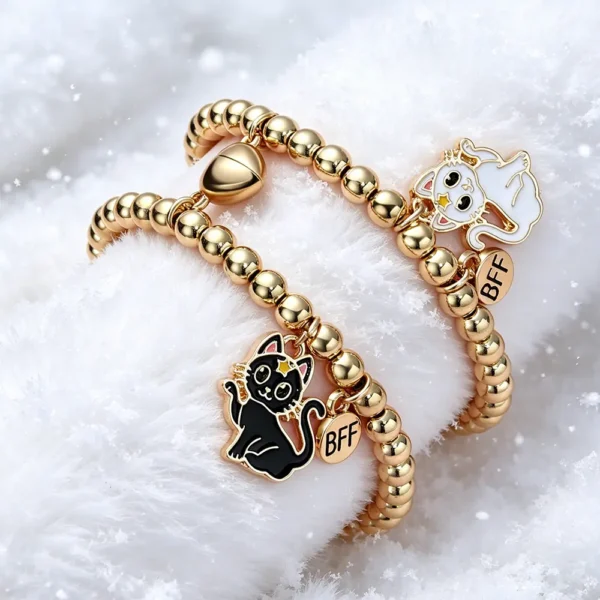 2Pcs BFF Cat Bracelet Set Gold Beaded Friendship Jewelry