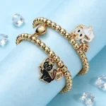 2Pcs BFF Cat Bracelet Set Gold Beaded Friendship Jewelry