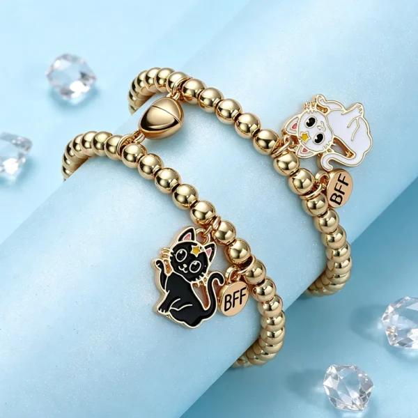 2Pcs BFF Cat Bracelet Set Gold Beaded Friendship Jewelry