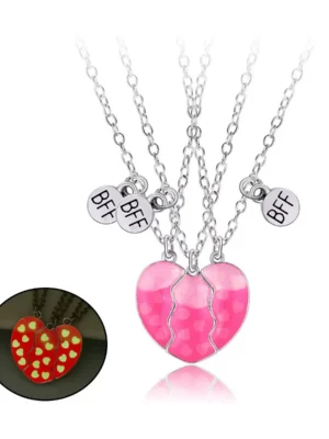 3Pcs Glow In Dark BFF Matching Heart Necklaces