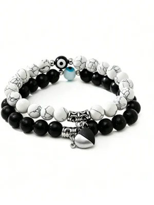 Magnetic Heart Bracelets Evil Eye Matching Beaded Set