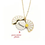 Custom Daisy Locket Necklace, Personalized Photo Engraved Name Pendant