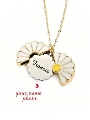 Custom Daisy Locket Necklace, Personalized Photo Engraved Name Pendant