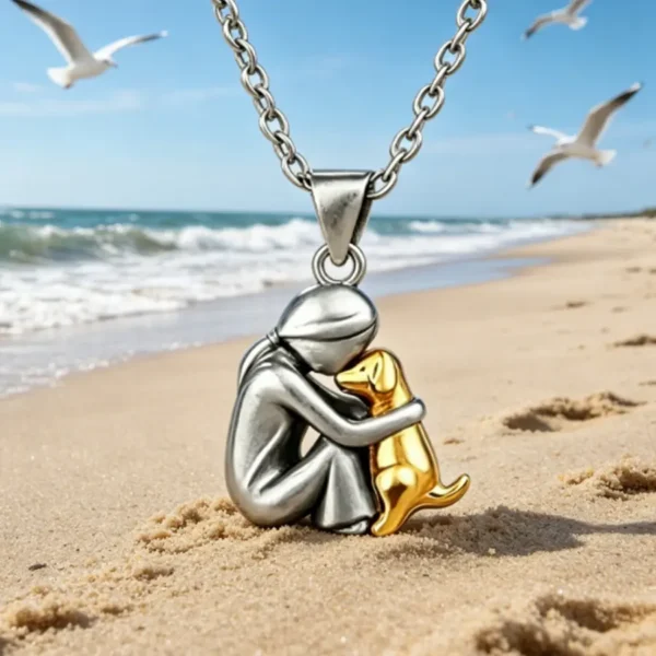 Girl Hugging Dog Necklace