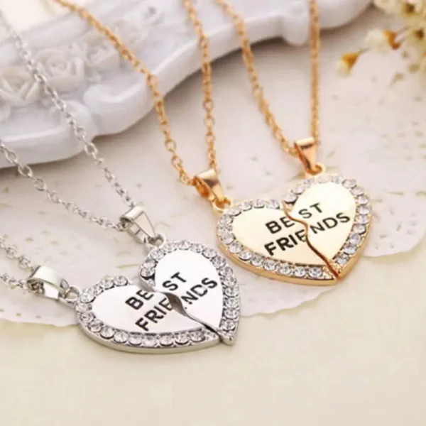 Best Friend Necklace Set - Rhinestone Split Heart BFF Jewelry