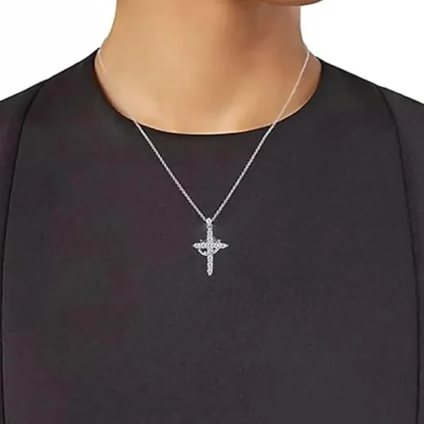 Paved Zircon Cross Rotated Crown Necklace