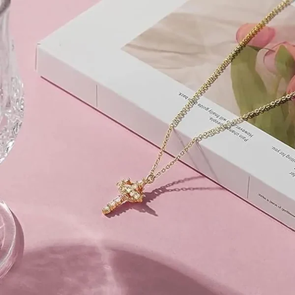 Paved Zircon Cross Rotated Crown Necklace