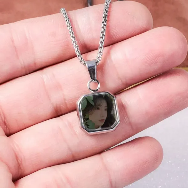 Custom Photo Heat Sensitive Necklace, Square Engraved Pendant