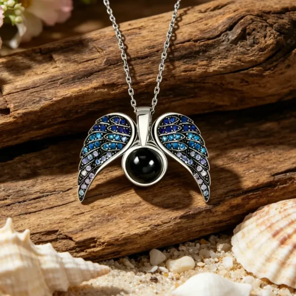 Custom Photo Projection Angel Wing Necklace (Blue)