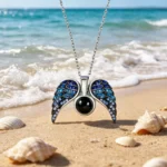 Custom Photo Projection Angel Wing Necklace (Blue)