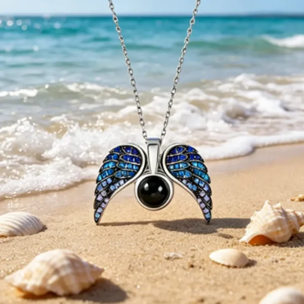 Custom Photo Projection Angel Wing Necklace (Blue)