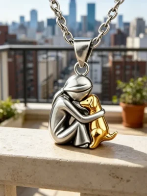 Girl Hugging Dog Necklace