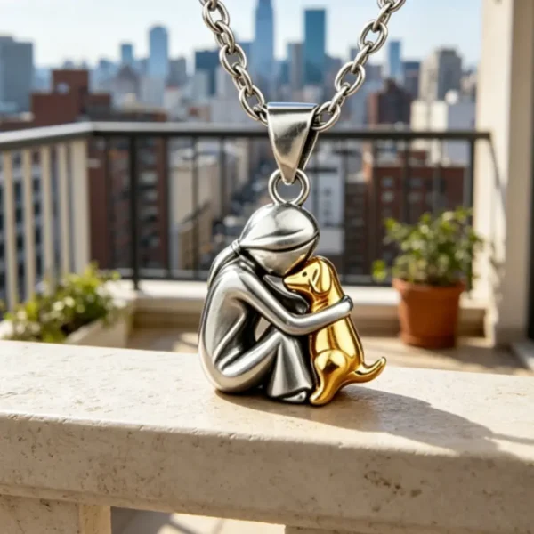 Girl Hugging Dog Necklace