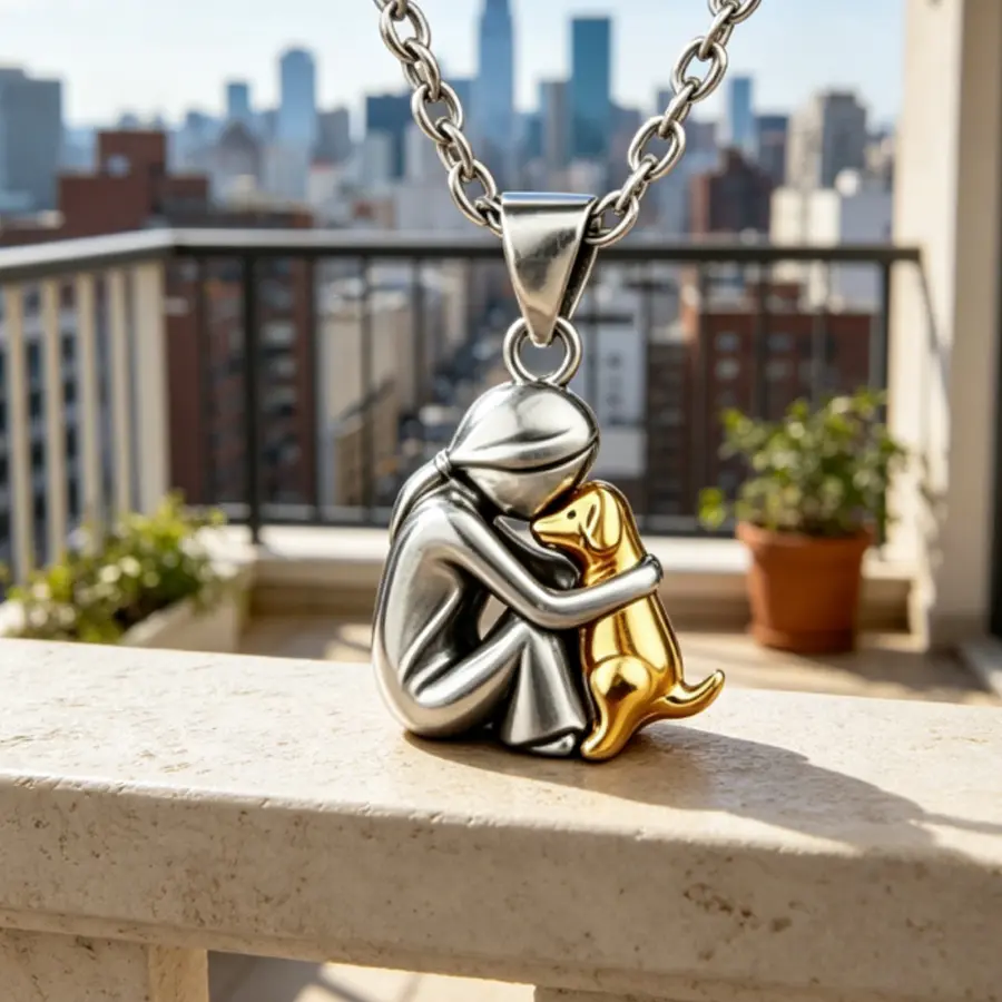 Girl Hugging Dog Necklace