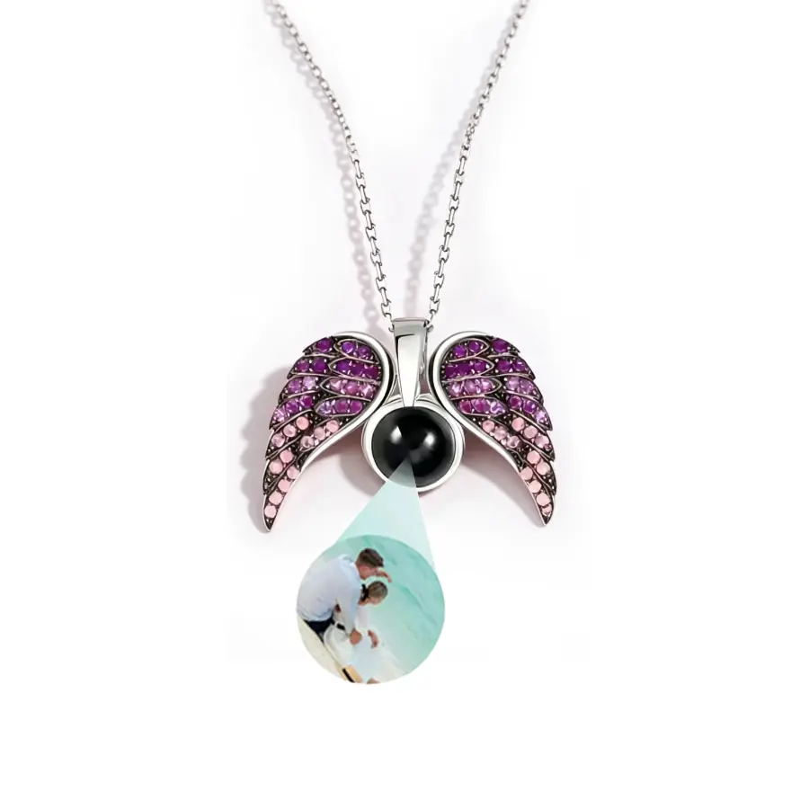 Custom Photo Projection Angel Wing Necklace (Purple)