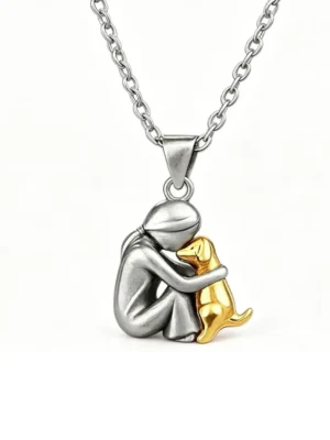 Girl Hugging Dog Necklace