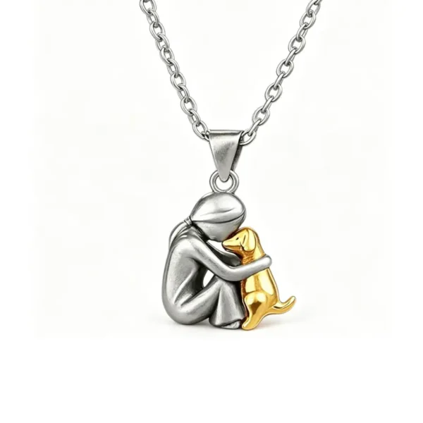 Girl Hugging Dog Necklace