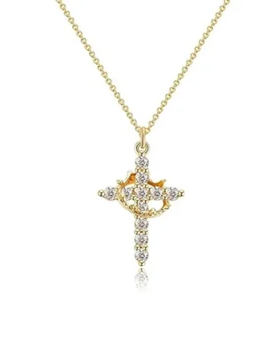 Paved Zircon Cross Rotated Crown Necklace