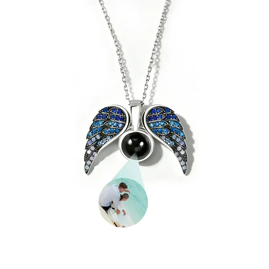 Custom Photo Projection Angel Wing Necklace (Blue)