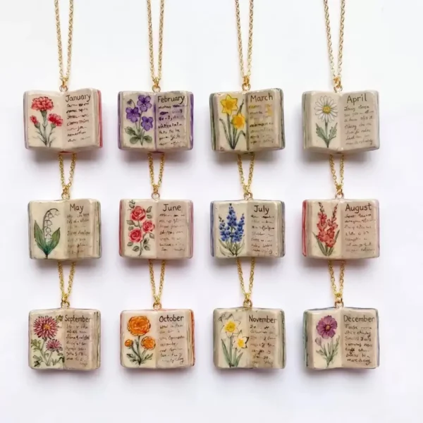 Birth Flower Necklace 12 Month Floral Book Pendant Gift