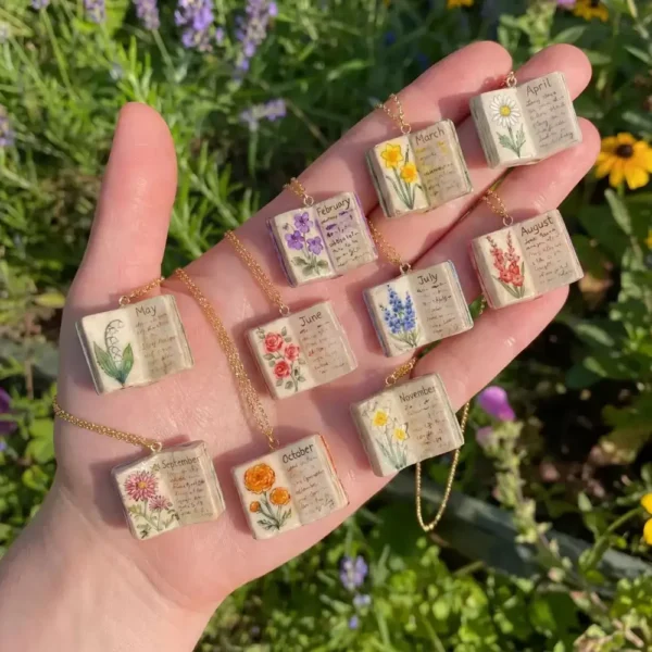 Birth Flower Necklace 12 Month Floral Book Pendant Gift