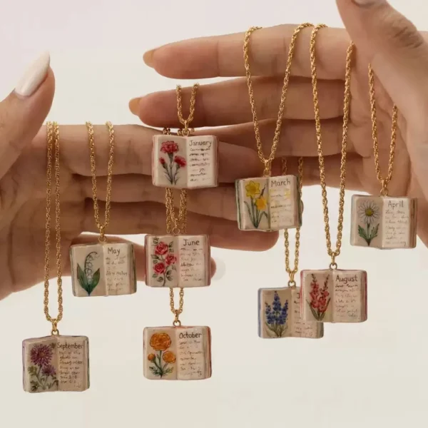 Birth Flower Necklace 12 Month Floral Book Pendant Gift