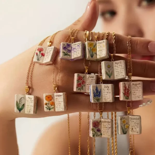 Birth Flower Necklace 12 Month Floral Book Pendant Gift
