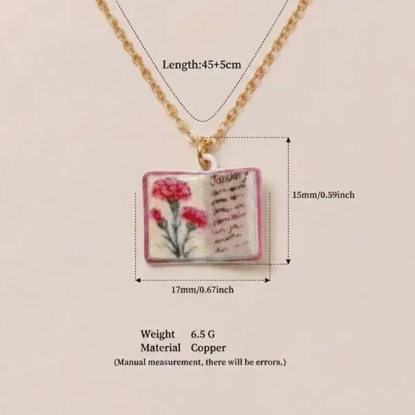 Birth Flower Necklace 12 Month Floral Book Pendant Gift